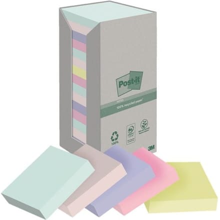 Post-it recycled notes Nature | 100 vel | ft 76 x 76 mm | pak van 16 blokken | geassorteerde kleuren