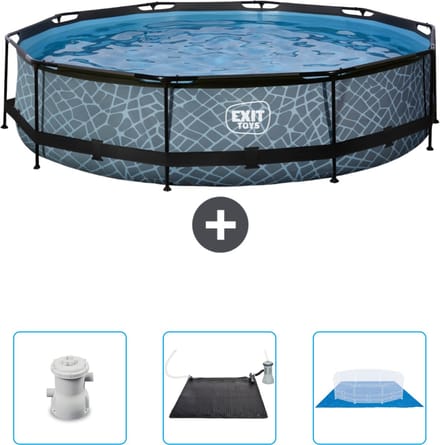 EXIT Rond Stone Frame Zwembad - 360 x 76 cm - Inclusief Pomp - Solar Mat - Grondzeil - Nu extra voordelig