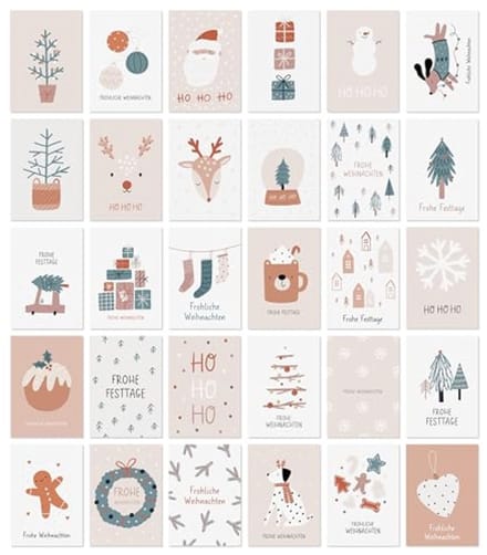 Set van 30 kerstwenskaarten A6 met enveloppen, feestelijke ontwerpen, stevig papier
