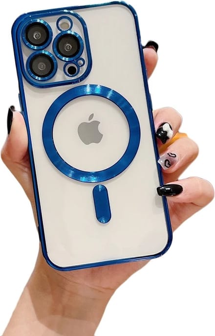 iPhone 14 Pro Max Magnetisch Hoesje Met Lensbeschermer - magsafe compatibel - Transparant gekleurde rand - Blauw