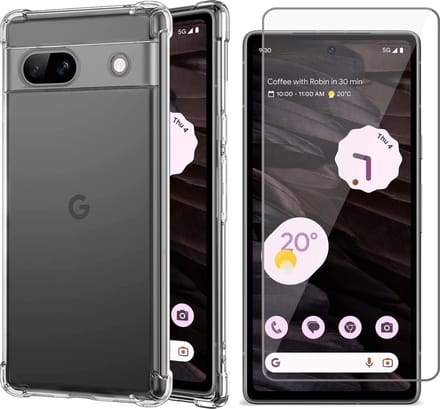 Hoesje geschikt voor Google Pixel 7a - Screen Protector GlassGuard - Back Cover Case ShockGuard Transparant & Screenprotector