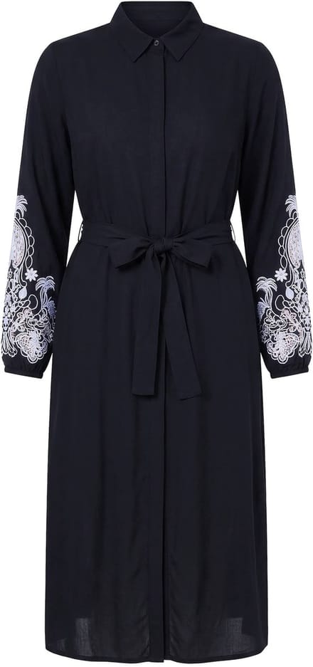 Studio Untold - Dames - Overhemdblouse-midijurk A-lijn geborduurde pofmouwen - Zwart - Maat 46+