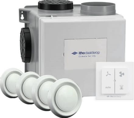 Itho Daalderop CVE-S S CO2 Optima Inside pakket HP 415m3/h + ingebouwde RV vochtsensor en CO2 sensor + 4 ventielen + Auto RFT zender - perilex stekker