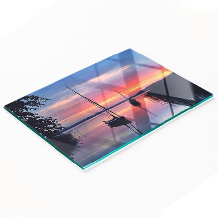 Decoratieve snijplank van gehard glas met zeilboot en zonmotief, 80x52 cm