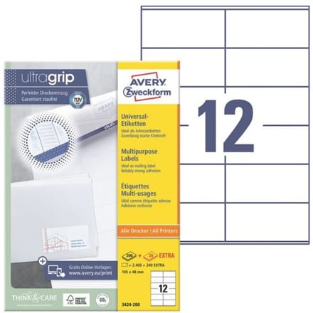 Avery-Zweckform 3424-200 3424-200 ( 105 x 48 mm ),Wit, 2640 stuk(s), Permanent hechtend