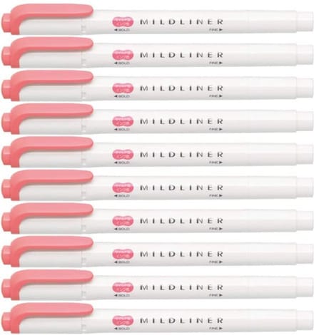 Zebra Mildliner Double-Sided Highlighter - Fine / Bold – Mild Coral Pink Set van 10 + een Luxe Zipperbag - WKT7-MCOP