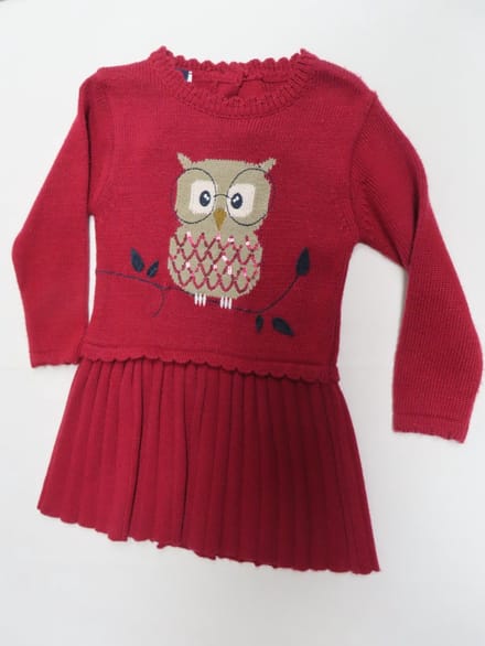 Jurk - Kleed - Meisje - Gebreid - Rood - Uil - Lange mouw - 12 maand 80