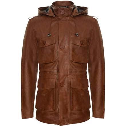 Leren trenchcoat met meerdere zakken en capuchon