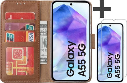 Hoesje met Screenprotector Geschikt voor Samsung Galaxy A55 – Arara bookcase met pasjeshouder - Bruin