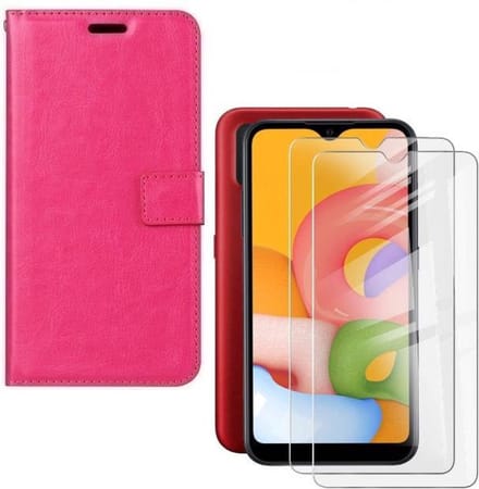 hoesje Geschikt voor: Samsung Galaxy M10 Portemonnee bruin met 2 stuks Glas Screen protector