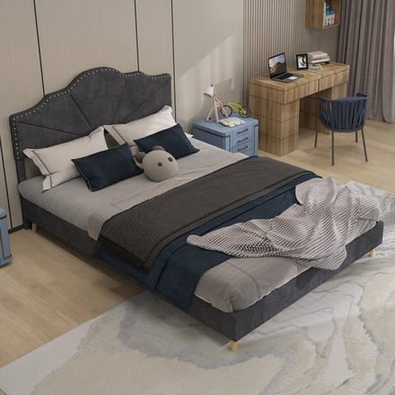 REDOM Bedframe 140x200 cm – Geometrisch hoofdbord met siernagels – Incl. lattenbodem – Grijs