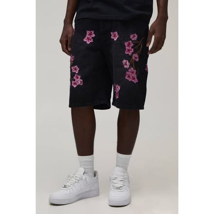 Gebloemde Geborduurd Relaxed Denim Short | Washed Black | Size 42
