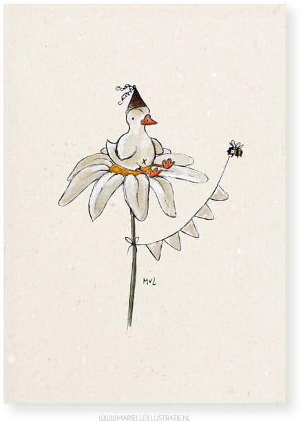Eend op bloem, wenskaart 10x15cm, illustratie van aquarel en fineliner