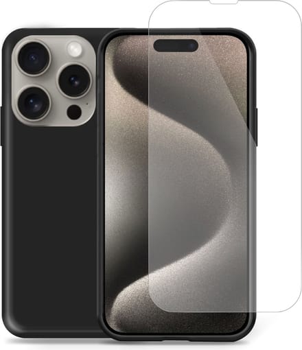 Hoesje geschikt voor iPhone 15 Pro Max + Screenprotector – Tempered Glass - Liquid Back Case Cover Zwart