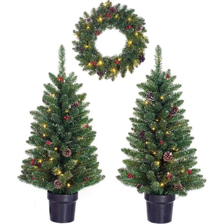 Black Box Trees Creston Kerstboom en Kerstkrans Set - 2 Kunstkerstbomen en 1 Krans met LED Verlichting - Groen