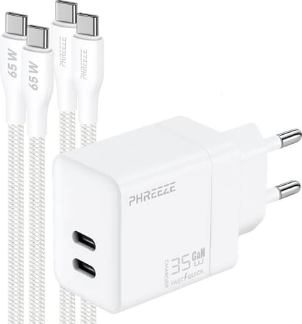 Phreeze usb C adapter 35 W - Twee usb C poorten - Power Delivery snellader met 2 usb C naar usb C kabels 1m