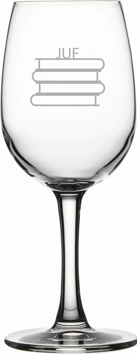 Gegraveerde witte wijnglas 26cl Juf met boeken