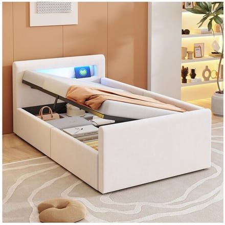 Merax Gestoffeerd kinderbed met opbergruimte - 90 x 200 cm - met LED's + USB - hoofdeinde met plank - fluweel + MDF - beige