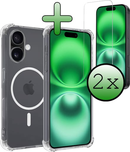 Hoesje Met 2x Screenprotector - Geschikt voor Apple iPhone 16 Plus - Magsafe Compatible - Sterk & Shockproof - Back Cover - Shock Proof Case - Telefoon Hoes - Transparant