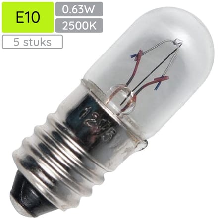 Signaallamp E10 6.3V 0.63W - 100 mAh - 5 stuks - T10 Gloeilamp Ø10mm - 28mm - 2500K - Dimbaar