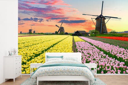 Behang - Fotobehang Tulpen - Windmolen - Natuur - Breedte 450 cm x hoogte 300 cm