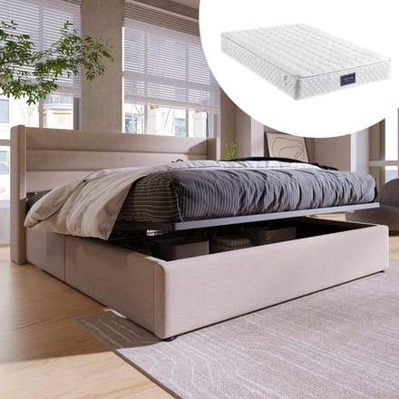 MIVRAY Gestoffeerd Bed 140x200 Cm - Hydraulisch Opklapbaar Met Opbergruimte - Linnen - Beige - Met Matras