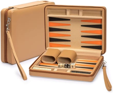 CLVP® Backgammon Koffer – Luxe Backgammon Set – Lederen Bordspel – Reisspel Set - Draagbaar – Bruin