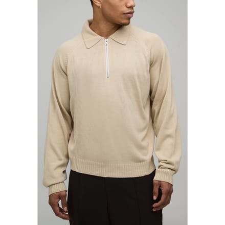 Regular 1/4 Zip Knitted Polo T-Shirt | Taupe | Size Medium