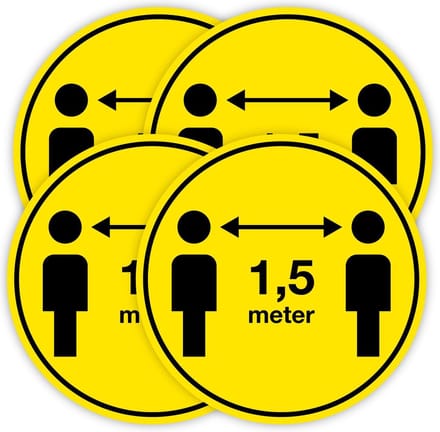 Set van 4 Corona vloerstickers 1,5 meter afstand houden ø 30 cm.