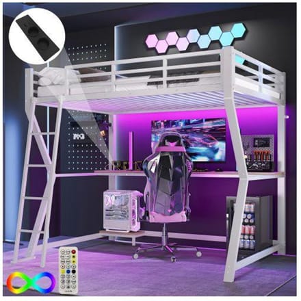 Verhoogd slaapgedeelte - MUVOE - 90 x 200 cm - LED sfeerverlichting - Multifunctioneel bureau - Ingebouwde USB-poort wit
