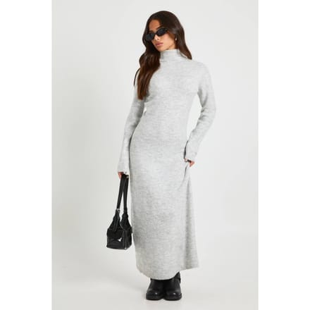 boohoo Dames Petite rolkraag superzachte gebreide maxi-jurk | Grijs | Maat: Medium