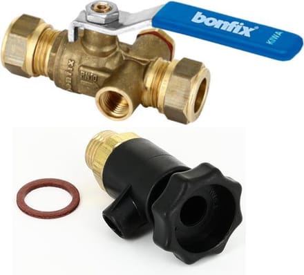 Bonfix - messing knelkoppeling / knelfitting kogelkraan met aftapper 22mm FF