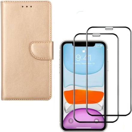 Bookcase Geschikt voor: iPhone 11 - goud - portemonee hoesje + 2X Full cover Tempered Glass Screenprotector
