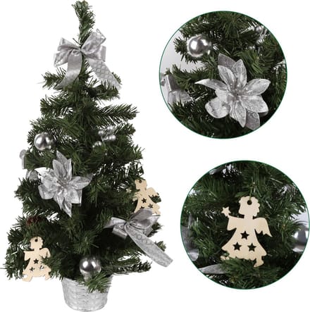 Kunstkerstboom in een pot met zilveren ornamenten 60cm