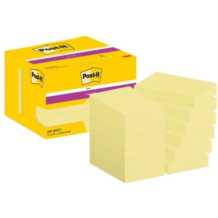 Post-It® Sticky Notes Super Sticky Notes, geel, 47,6 x 73 mm, 90 vellen/blok, 12 pads, in kartonnen verpakking
