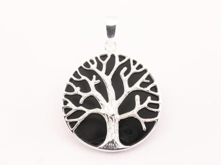 Ronde zilveren hanger met levensboom op onyx