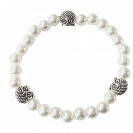 Armband -wit- met drie uiltjes -synthetische Parel -18 cm - Charme Bijoux