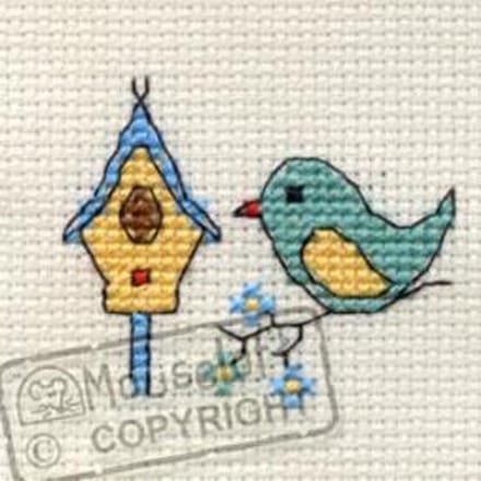 Mini Borduurpakketje  ( 6 x 6 cm ) Vogel Met Vogelhuisje - Mouseloft