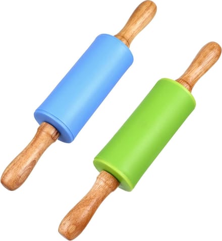 2 stks Siliconen Deegroller non-stick Oppervlak Houten Handvat Deeg Deegroller Bakken Tool voor Kinderen Kids (Gemengde Kleur)