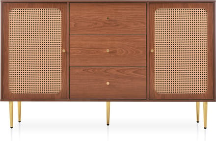 Merax Commode met 2 Deuren en 3 Lades - Rattan Dressoir met Schuifladen en Verstelbare Plank - Walnoot Bruin
