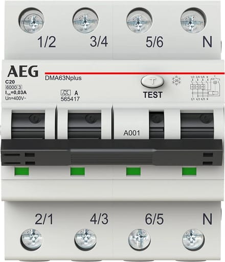 AEG aardlekautomaat 3-polig+nul 20A C-kar 30mA (DMA63N C20/030)