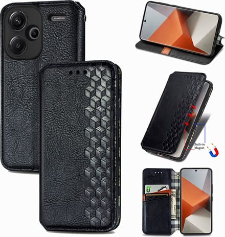 Luxe PU Lederen Ruitpatroon Wallet Case + Screenprotector voor Redmi Note 13 Pro Plus 5G _ Zwart