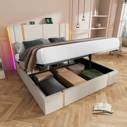 REDOM Bedframe 160x200 cm – Linnen beige – Met USB-C, RGB-LED & hydraulische opbergruimte – Modern