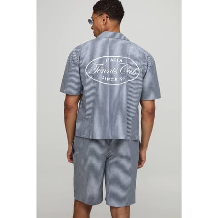 Oversized Boxy Stripe Tennis Club Print Revere Shirt and Short Set | Navy | Size Medium