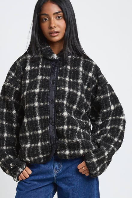 boohoo Dames Vierkant bedrukt teddyjasje met knoopsluiting | Zwart | Maat: 36