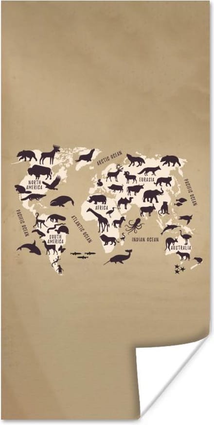 Wereldkaarten - Wereldkaart - Dieren - Bruin - 80x160 cm