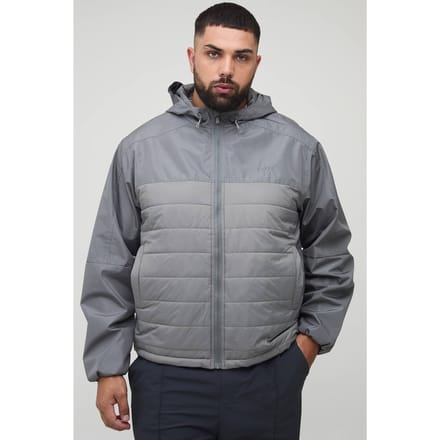 Plus Regular Fit Lightweight Gewatteerde Capuchonjas | Grey | Size 2XL