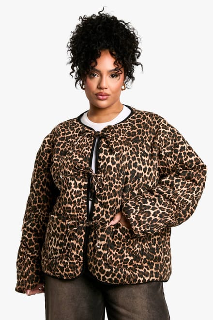 boohoo Dames Plus Luipaard Tie Detail Gewatteerde Jas | Brown | Maat: 18