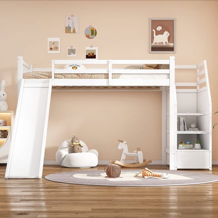 Sweiko Hoogslaper - 90*200cm - met Glijbaan - Opbergladder - Wit