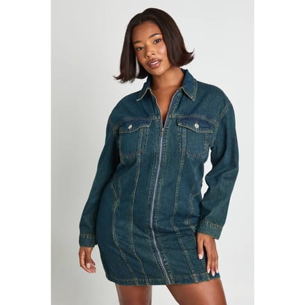 boohoo Dames Plus Denim Zip Up Shift Dress | Vintage Wash | Maat: 20
